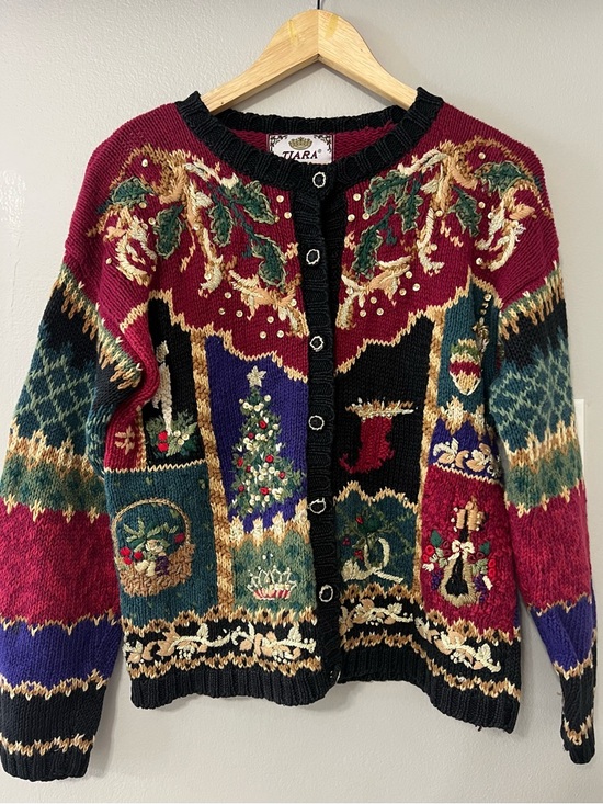 Tiara International Sweaters - Vintage Tiara Petites 1999 Holiday Cardigan Sweater Embellished Beaded Cottage